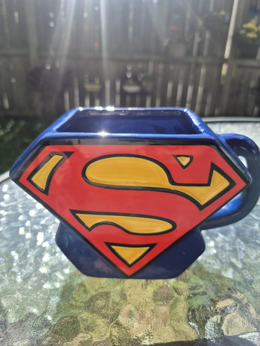 Blue Ceramic Superman Coffee Mug with Red & Yellow Superhero Emblem